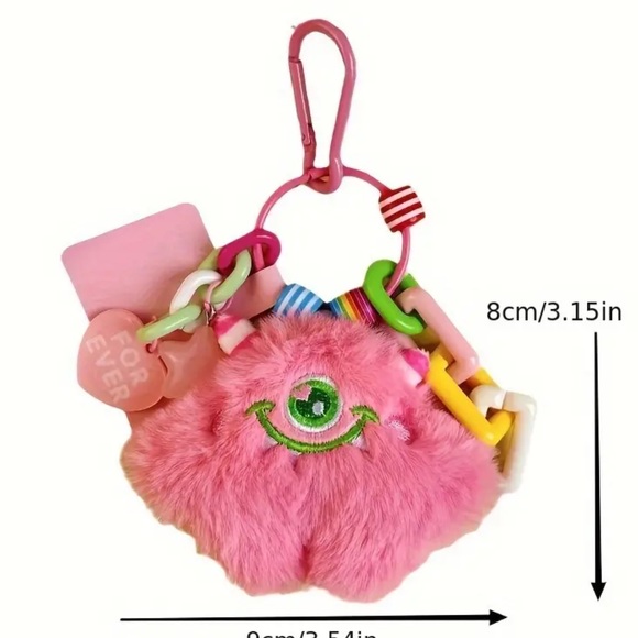 CUTE! Monster Pink Faux Fur Keychain Bag Backpack Phone Charm Star Y2K Gyaru - Picture 4 of 4